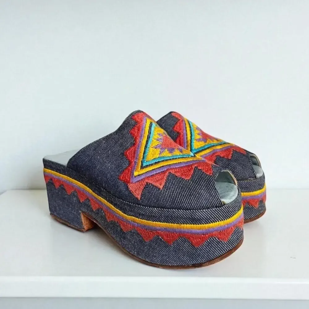 Vintage 60s Platform Mule Heels | Embroidered Denim Peep Toe | Mod Folk | Size 6 - Picture 1 of 10
